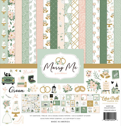 MARRY ME kit 12x12 Collection from Echo Park Paper - 12 double-sided 12x12 patterned papers with wedding theme. Includes 12x12 element sticker sheet. Archival quality and acid free.