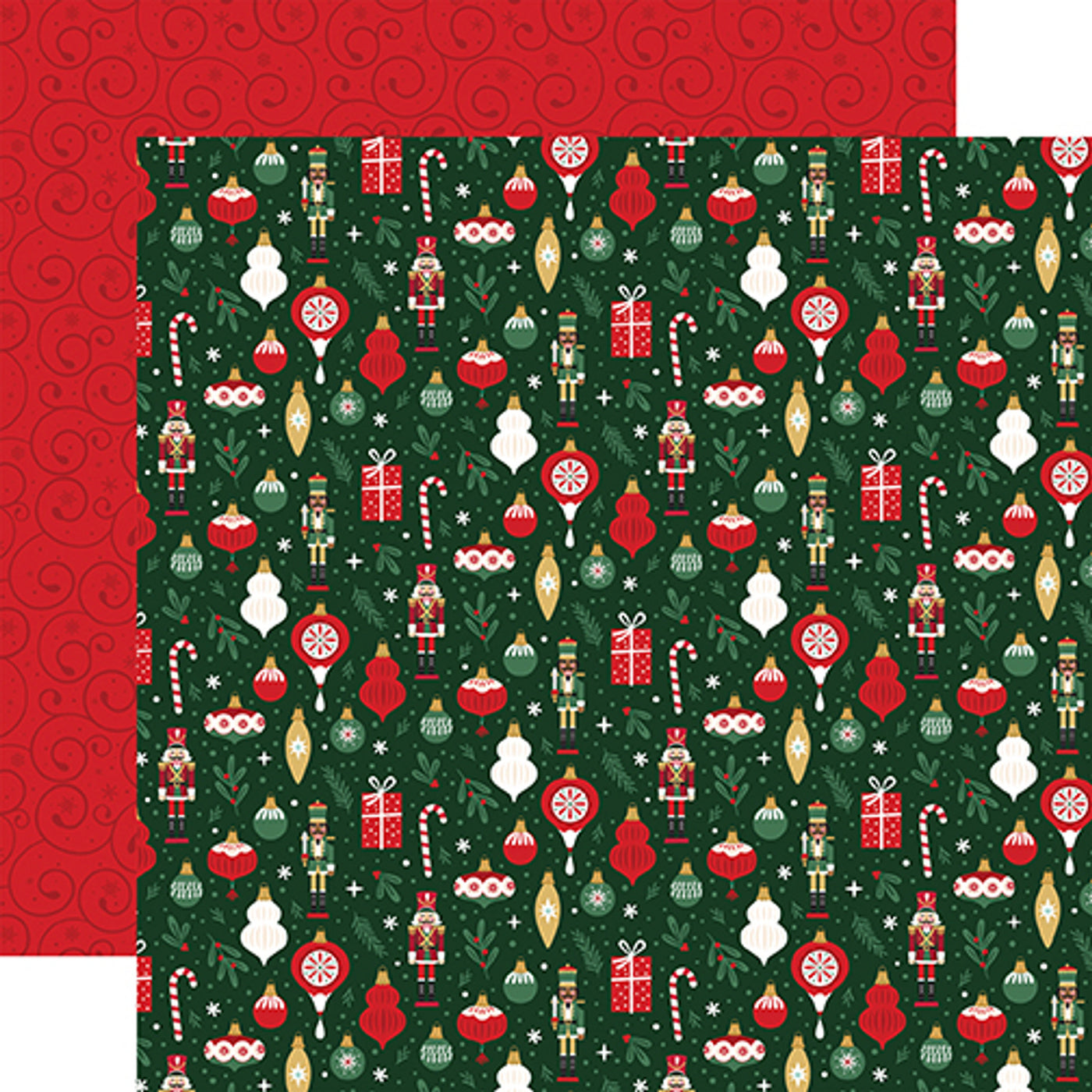 (Side A - an array of classic Christmas icons on a rich green background. The pattern is filled with colorful ornaments in various shapes and sizes alongside cheerful candy canes, charming nutcrackers, and beautifully wrapped presents. Delicate snowflakes and sprigs of holly add a touch of wintery charm. Side B - red background adorned with intricate swirls and snowflakes. The swirls, in a slightly darker shade of red, create a sense of depth and movement across the surface. The snowflakes, scattered throug