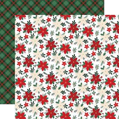 (Side A - festive arrangement of poinsettia flowers on a white background. Side B - classic plaid design in a festive color scheme of green and red)