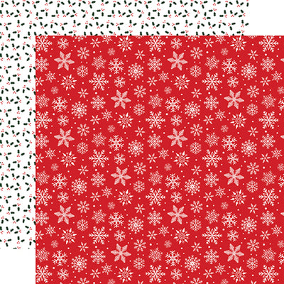 (Side A - a red background adorned with white snowflakes of various sizes. The snowflakes create a sense of depth and movement, with smaller snowflakes scattered between the larger ones. Side B - classic design with a white background adorned with small clusters of holly leaves and red berries.)