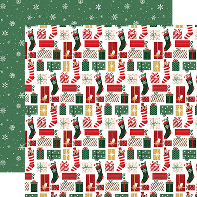 (Side A - a festive Christmas-themed pattern with repeating Christmas stockings and wrapped presents design. The colors are predominantly red, green, and white, with gold accents. Small gold nutcrackers peek out of some of the presents. Side B - repeating pattern of white snowflakes on a dark green background)