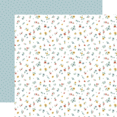 From Echo Park Paper, (Side A - small flowers in pastel colors on a white background, Side B - light blue background with a darker blue pattern)