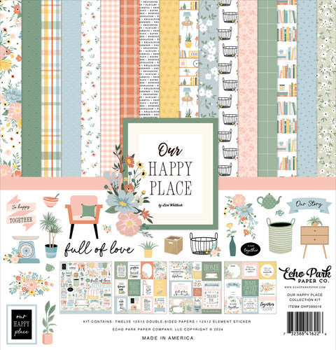 OUR HAPPY PLACE 12x12 Collection Kit from Echo Park Paper - Twelve double-sided papers with life and home themes. 12x12 inch textured cardstock. Includes Element Sticker Sheet, Echo Park Paper Co.