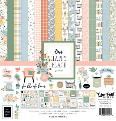 OUR HAPPY PLACE 12x12 Collection Kit from Echo Park Paper - Twelve double-sided papers with life and home themes. 12x12 inch textured cardstock. Includes Element Sticker Sheet, Echo Park Paper Co.