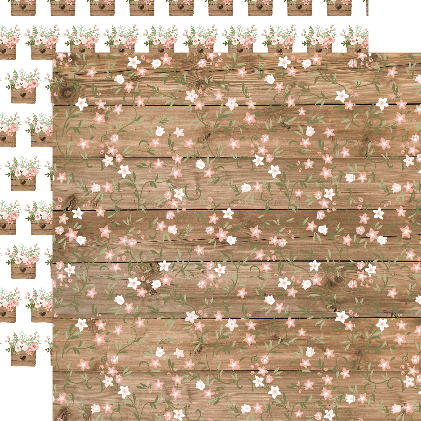 (Side A - a wooden background with a delicate floral pattern. The wood appears weathered and worn, giving the image a rustic or vintage feel. The flowers are small and white, with pink centers scattered among the wood grain; Side B - a repeating pattern of wooden crates filled with pink and white flowers. The crates are arranged in a grid-like formation on a white background)