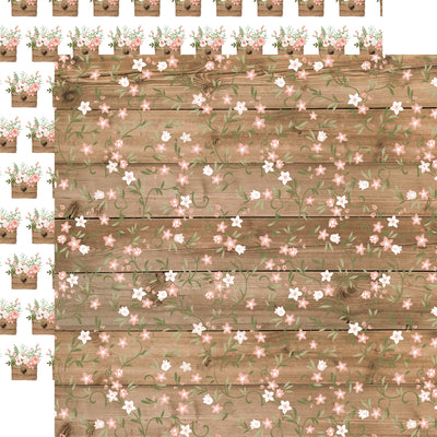 (Side A - a wooden background with a delicate floral pattern. The wood appears weathered and worn, giving the image a rustic or vintage feel. The flowers are small and white, with pink centers scattered among the wood grain; Side B - a repeating pattern of wooden crates filled with pink and white flowers. The crates are arranged in a grid-like formation on a white background)