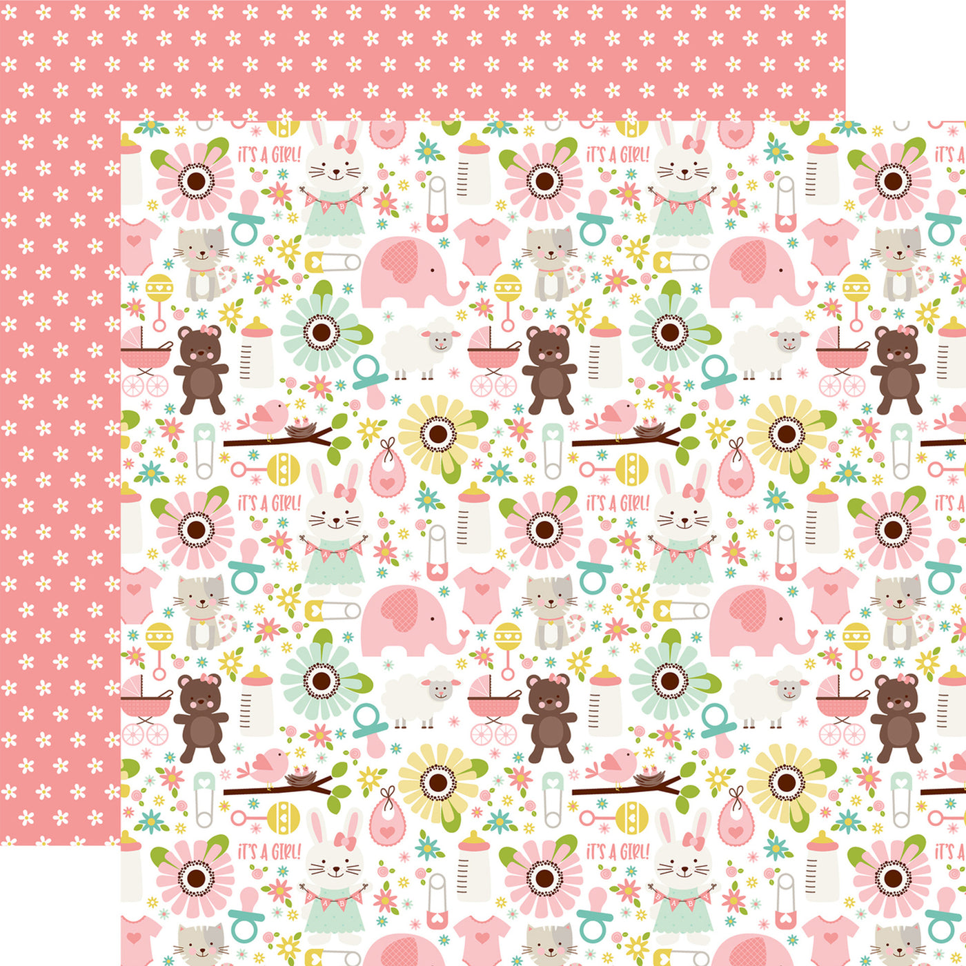 (Side A - sweet pink elephants, lambs, brown teddy bears, flowers, butterflies, and more on white background, Side B - pink daisies on a darker pink background)- from Echo Park Paper.