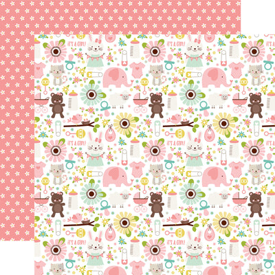 (Side A - sweet pink elephants, lambs, brown teddy bears, flowers, butterflies, and more on white background, Side B - pink daisies on a darker pink background)- from Echo Park Paper.