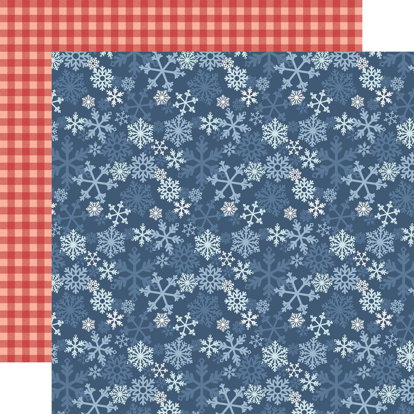 Winter patterns on two sides. (Side A - light blue snowflakes all over on navy blue background, Side B - red gingham) Archival quality.