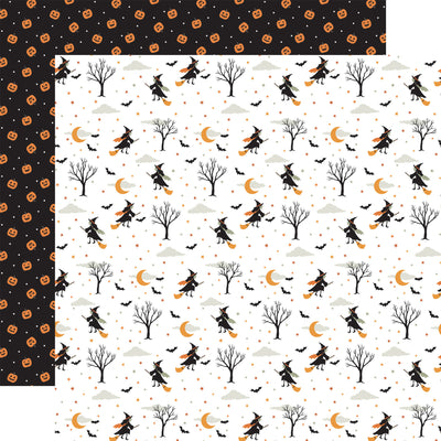 12x12 double-sided sheet. (Side A - witches flying on broomsticks, with yellow moons, barren trees, and black bats on a white background; Side B - orange pumpkins with faces on a black background), archival quality, acid-free. 