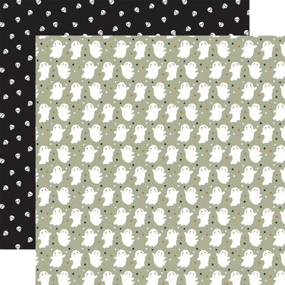 12x12 double-sided patterned paper.(Side A - white dancing ghosts and mini stars on a sage green background, Side B - little white skulls on a black background) Archival quality.