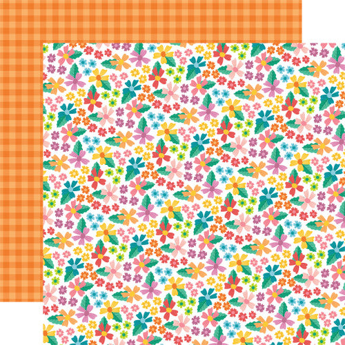 12x12 double-sided sheet (Side A - pink, red, yellow, orange, and blue floral on a white background, Side B -&nbsp; orange gingham); archival quality, acid-free.