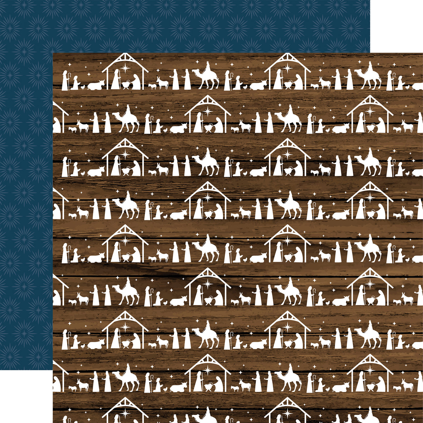 12x12 (Side A - rows of nativity scenes on a woodgrain background, Side B - starburst pattern on a navy blue background)