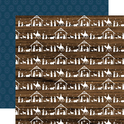 12x12 (Side A - rows of nativity scenes on a woodgrain background, Side B - starburst pattern on a navy blue background)