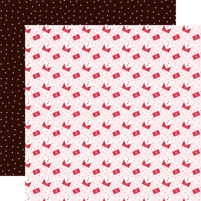 (Side A - a light pink background is adorned with a repeating motif of red envelopes and scattered tiny white hearts. The envelopes are depicted in a simple, flat style, each with a visible flap and a small white heart peeking out from inside. Side B -&nbsp; a black background is evenly covered with a repeating pattern of tiny, white triangles)