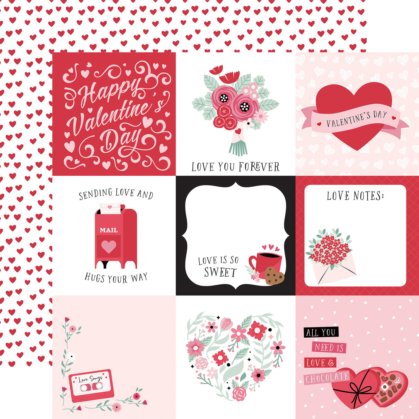 12x12 double-sided sheet. (Side A - 4X6 Valentine journaling cards include hearts, flowers, a mailbox, a cassette tape, a cup of coffee, and a box of chocolates. Side B -&nbsp; filled with small, evenly spaced red hearts on a white background) Archival quality, acid-free.