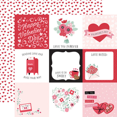 12x12 double-sided sheet. (Side A - 4X6 Valentine journaling cards include hearts, flowers, a mailbox, a cassette tape, a cup of coffee, and a box of chocolates. Side B -&nbsp; filled with small, evenly spaced red hearts on a white background) Archival quality, acid-free.