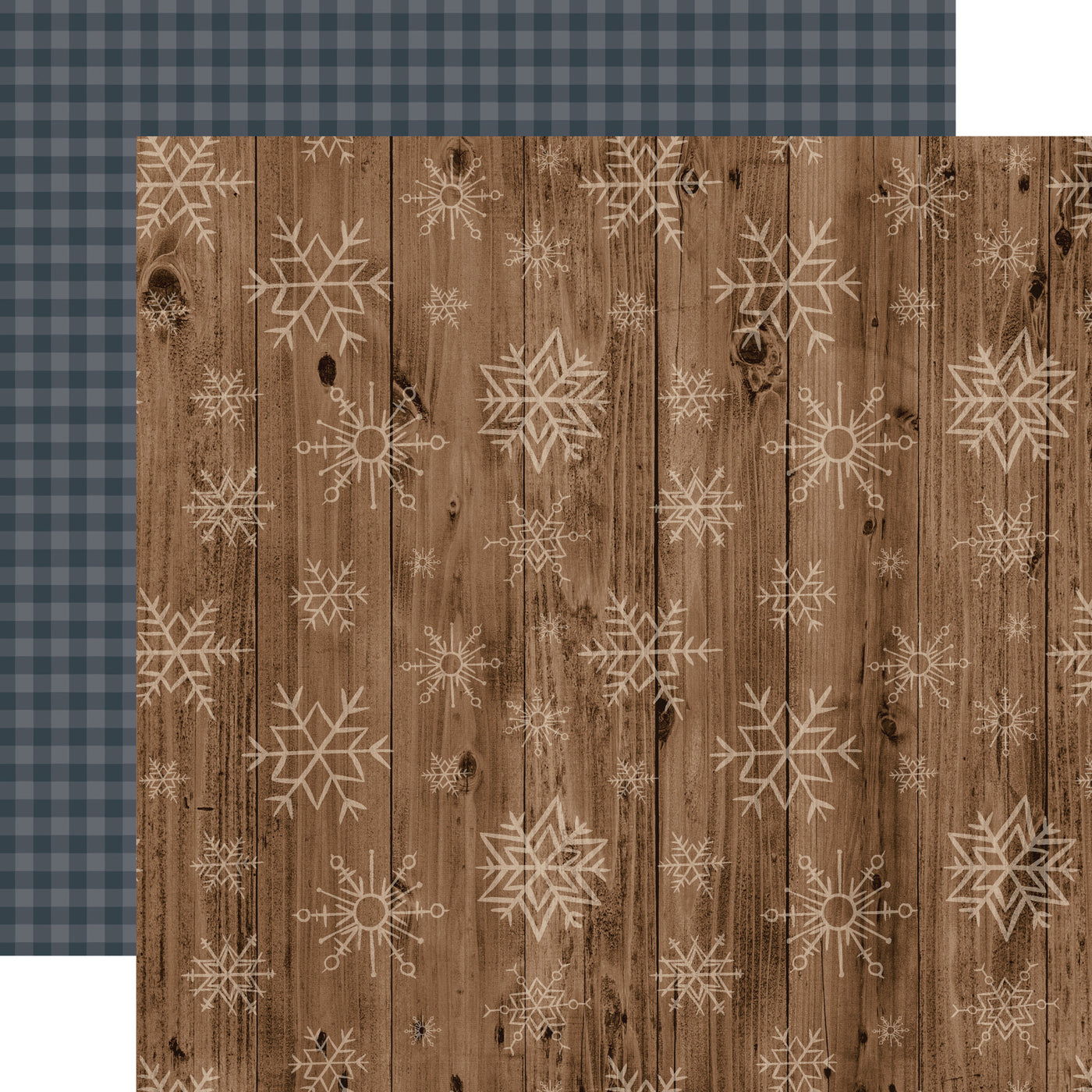 (Side A - a woodgrain texture background with scattered light snowflakes, Side B - dark blue gingham check pattern)