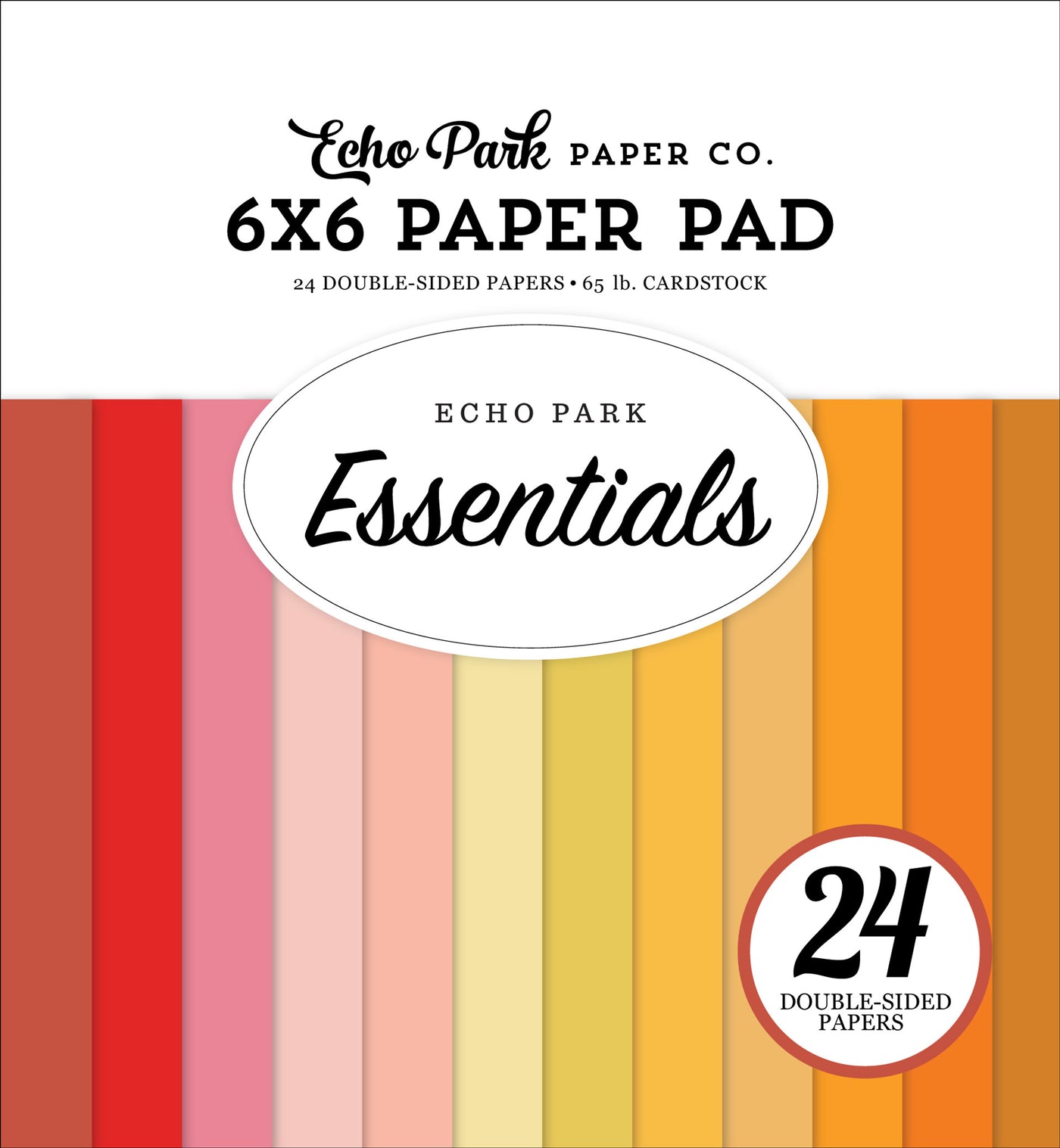 This paper pad features a collection of 24 double-sided papers in warm and earthy tones, ranging from deep reds and oranges to soft pinks and yellows. The papers have a smooth, cardstock finish.