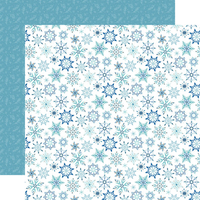 Winter patterns on two sides. (Side A - snowflakes in blue, teal, and blue tones on a white background; Side B - light etchings on a teal blue background). Archival safe.