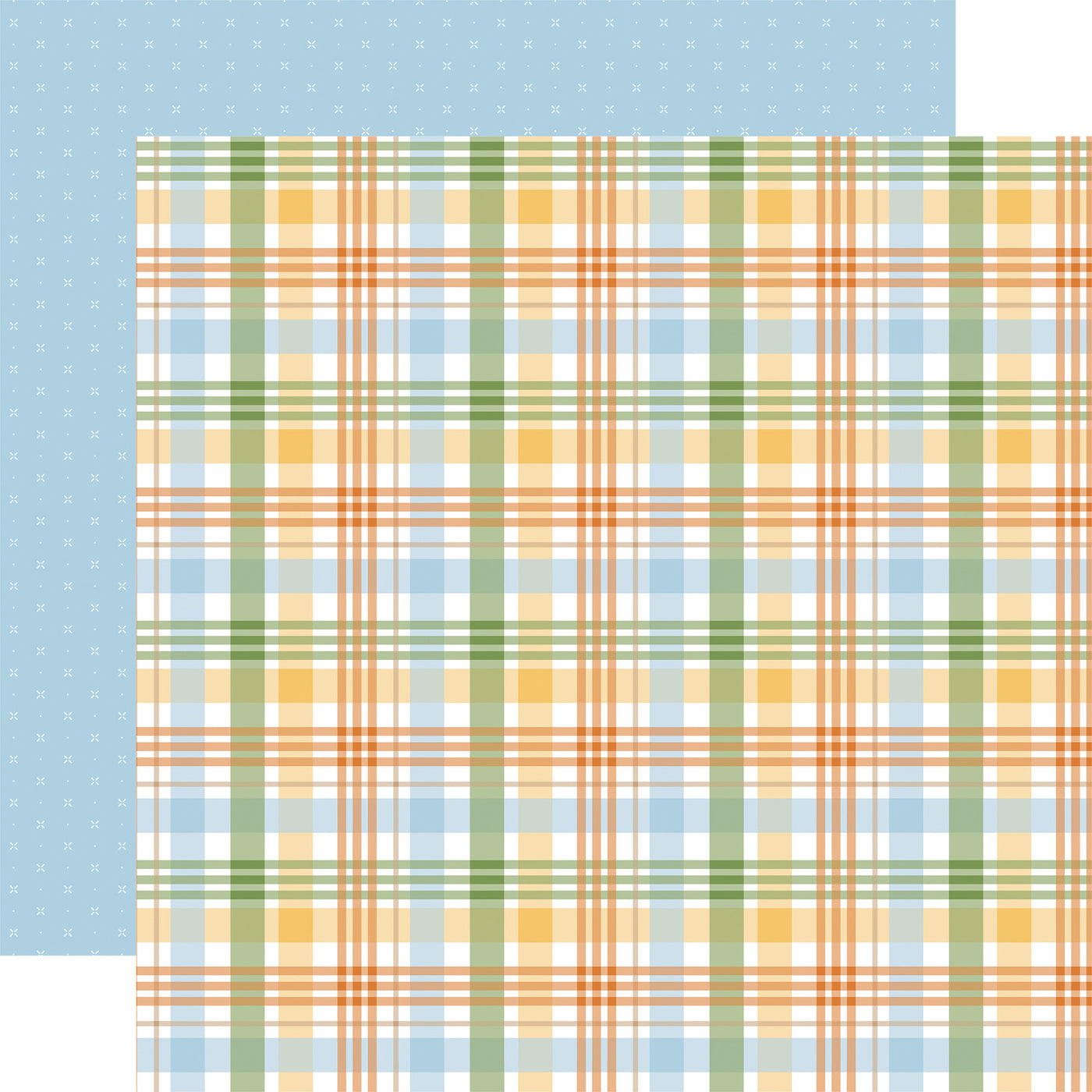 (Side A - features a classic plaid pattern in a soft palette. The colors used are primarily light blue, light green, and yellow with a touch of orange., Side B - features a delicate and subtle pattern. It's a light blue background with a repeating pattern of tiny white x's)