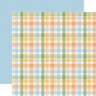 (Side A - features a classic plaid pattern in a soft palette. The colors used are primarily light blue, light green, and yellow with a touch of orange., Side B - features a delicate and subtle pattern. It's a light blue background with a repeating pattern of tiny white x's)