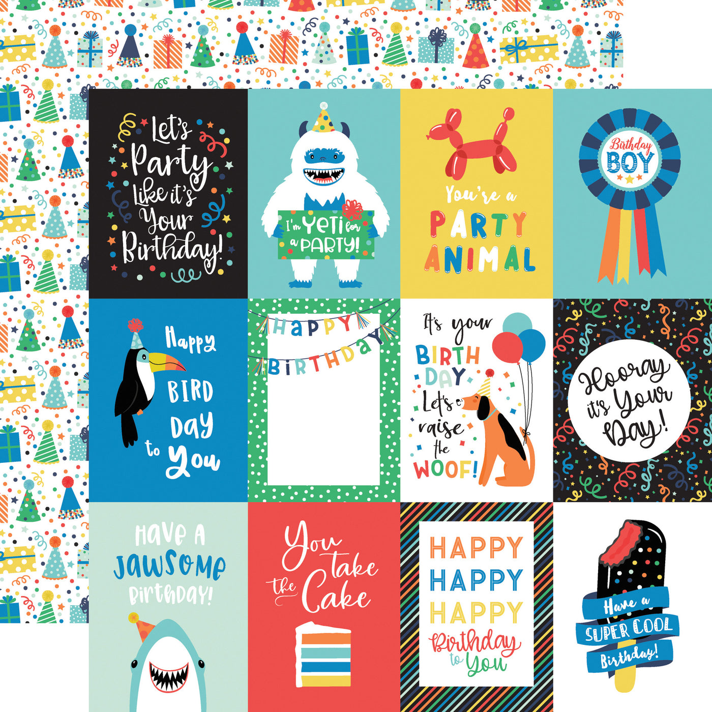 (Side A - journaling cards with illustrations of animals celebrating birthdays, such as a yeti, a dog, and a shark. Other sections feature text-based designs with birthday phrases like "Let's Party Like It's Your Birthday!" and "You're a Party Animal."&nbsp; Side B - rows of colorful party hats in different styles, wrapped presents with ribbons, and scattered confetti on a white background)