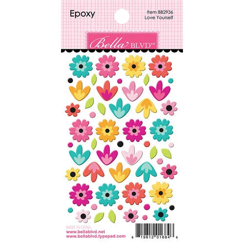 Flower epoxy stickers with thirty-two multi-color, self-adhesive epoxy in two sizes by Bella Blvd.