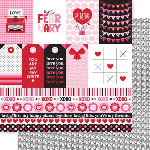 12x12 patterned cardstock. (Side A - February tags, borders, and journaling cards, Side B - the word Love in black over and over on a white background). Smooth surface. Acid & lignin-free.