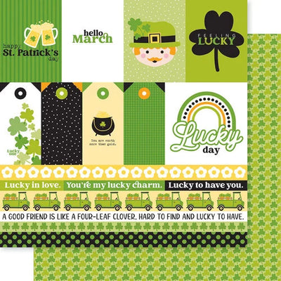 12x12 patterned cardstock. (Side A - journaling cards, tags, and borders; Side B - rows of green shamrocks on green background) Smooth surface. Acid & lignin-free.