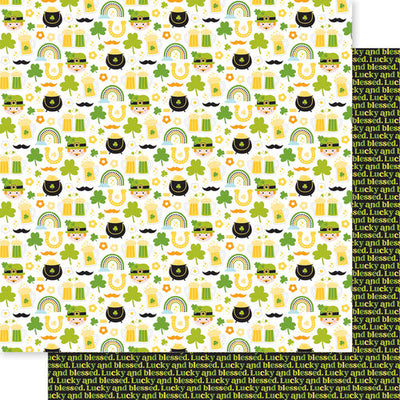 12x12 patterned cardstock. (Side A - cute St. Patrick's Day icons all over on a white background; Side B - rows of the words "lucky &amp; blessed" on a black background) Smooth surface. Acid & lignin-free.