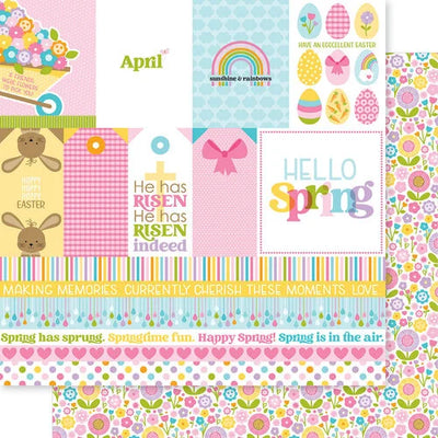 12x12 patterned cardstock. (Side A - journaling cards, tags, and borders; Side B - bright spring flowers on a white background) Smooth surface. Acid & lignin-free.