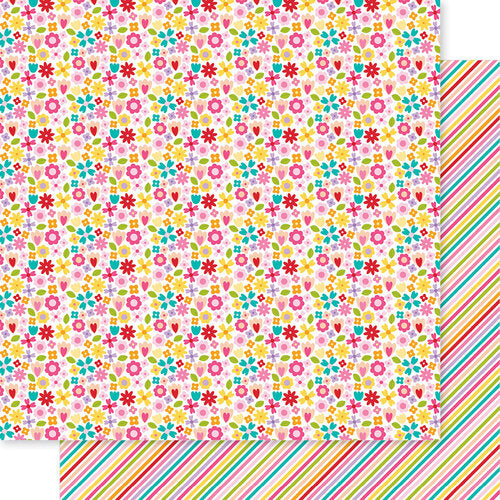 (Side A - features a cheerful and colorful arrangement of flowers and hearts on a white background. Side B - diagonal stripes on a white background. The stripes come in various bright colors, including red, orange, yellow, green, blue, and pink.)*