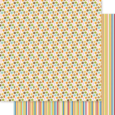 12x12 patterned cardstock. (Side A - fall leaves all over on a white background; Side B - multi-colored stripes on a white background) Smooth surface. Acid & lignin-free.