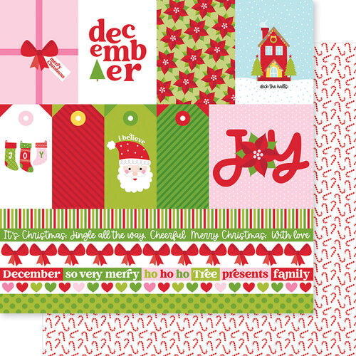 12x12 patterned cardstock. (Side A - December tags, borders, and journaling cards; Side B - tiny candy canes all over on a white background). Smooth surface. Acid & lignin-free.