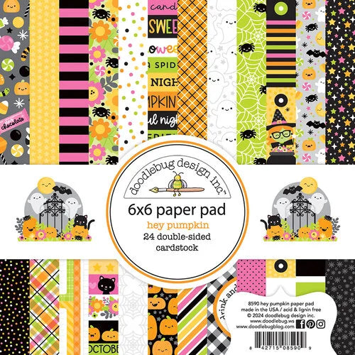 6x6 pad with 24 double-sided bright prints and matching Halloween patterns reverse; Hey Pumpkin Petite Prints Collection by Doodlebug Design.
