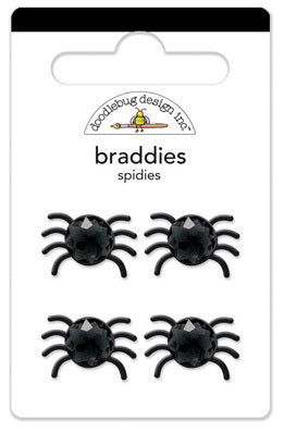 Four rhinestone spider brads. These braddies can be used on cards, scrapbook pages, tags, journals, and other paper crafting projects.