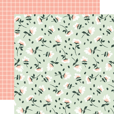 The front side of this paper is a light green color with pink and white falling flowers and the back side is a pink and light pink checkerboard pattern. 