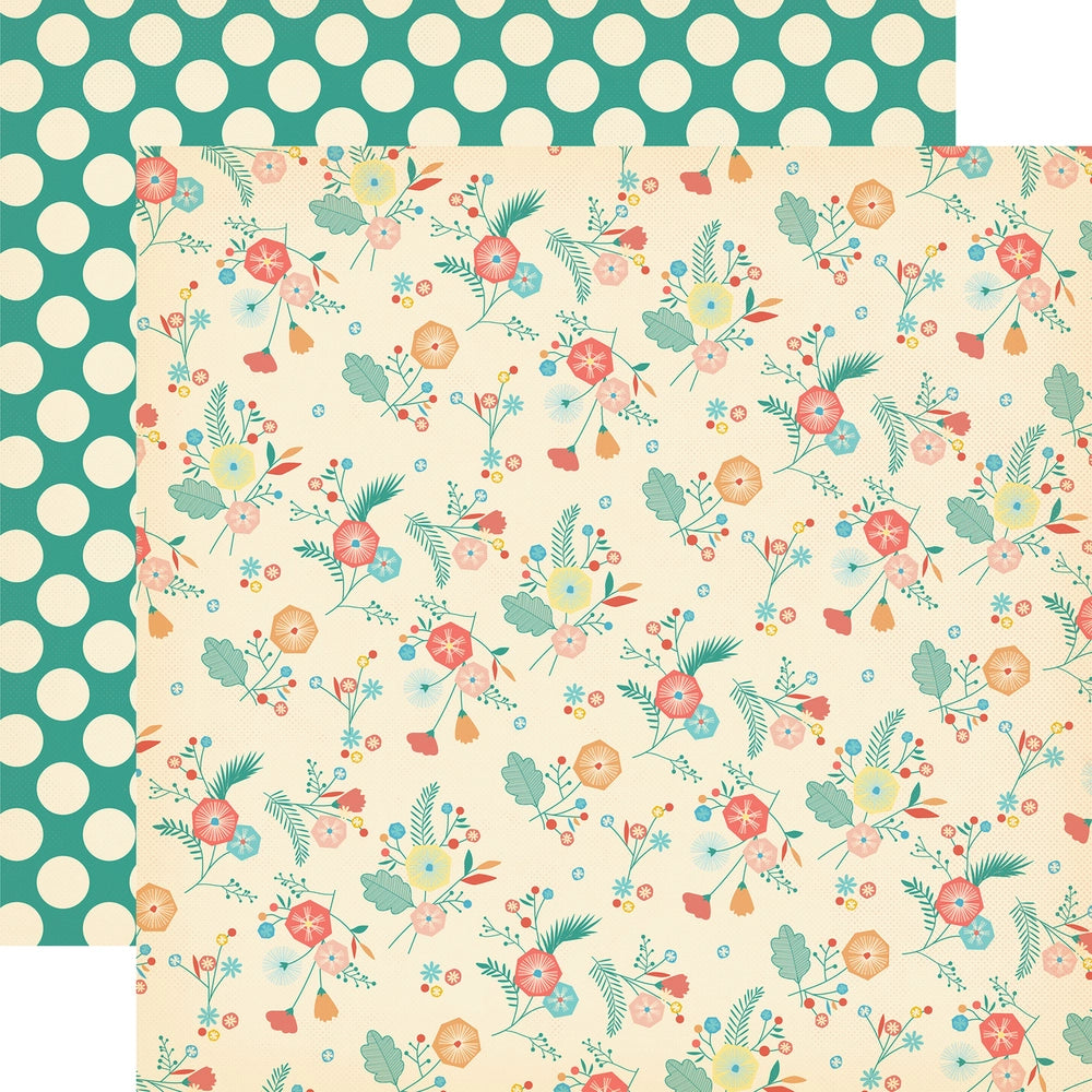 Floral spray on an off-white background. The reverse is off-white medium size polka dots on a turquoise background. 