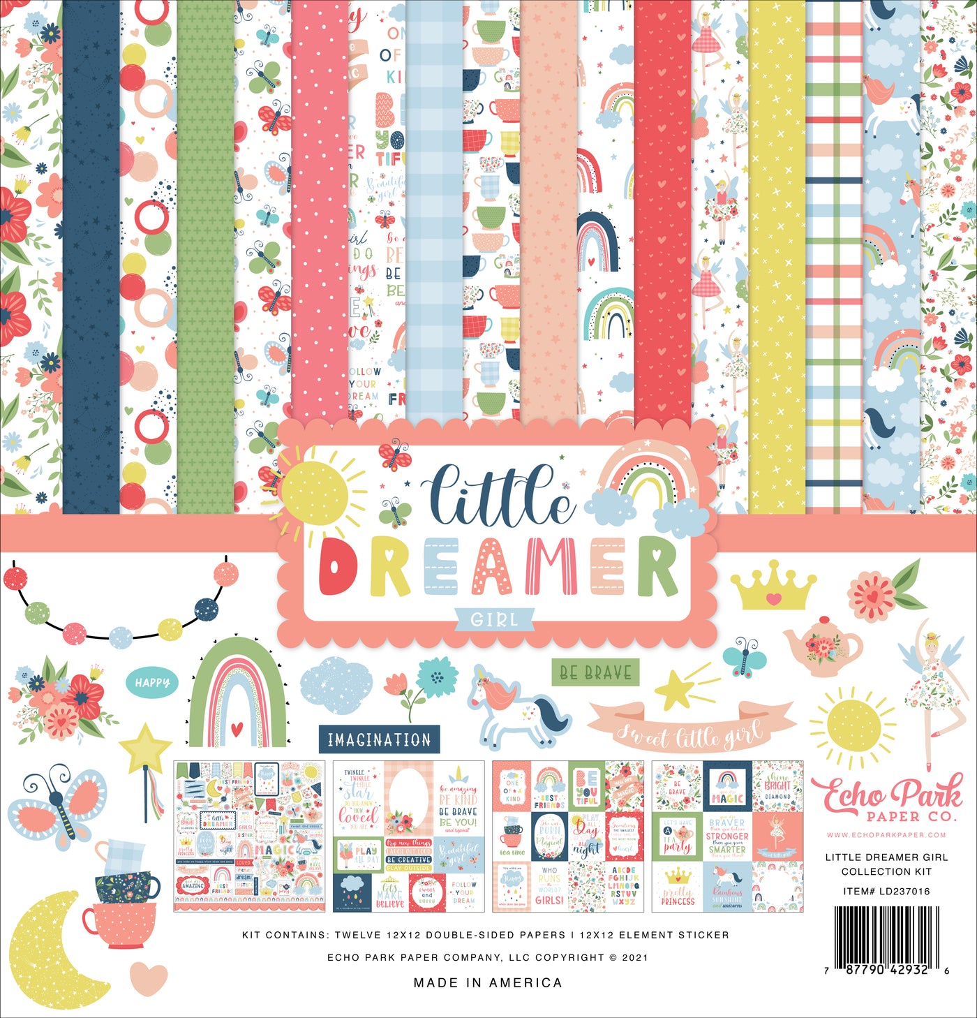 Twelve 12x12 double-sided designer sheets with creative patterns featuring rainbows, unicorns, and a girl's imagination. Archival quality and acid-free.