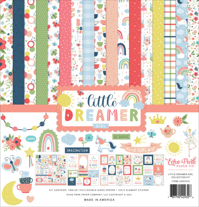 Twelve 12x12 double-sided designer sheets with creative patterns featuring rainbows, unicorns, and a girl's imagination. Archival quality and acid-free.