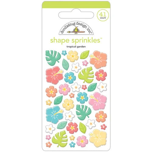 This package includes 39 self-adhesive enamel stickers. There are brightly colored flowers in 3 sizes and leaves to go with them from Doodlebug Design.